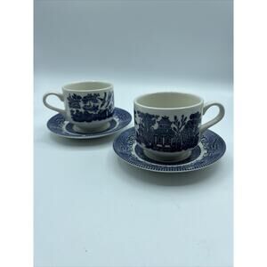 CHURCHILL BLUE WILLOW CUPS SAUCERS Coffee Tea White Chinoiserie England Pagoda